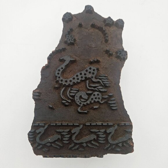 Antique Hand Carved Wood Textile Dragon Mythological Pattern Fabric Stamp Block - Picture 1 of 12